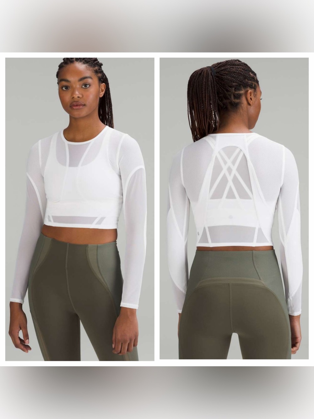 LULULEMON Mesh Panelled Training Long Sleeve Cropped White Sheer Top size 4 NWOT